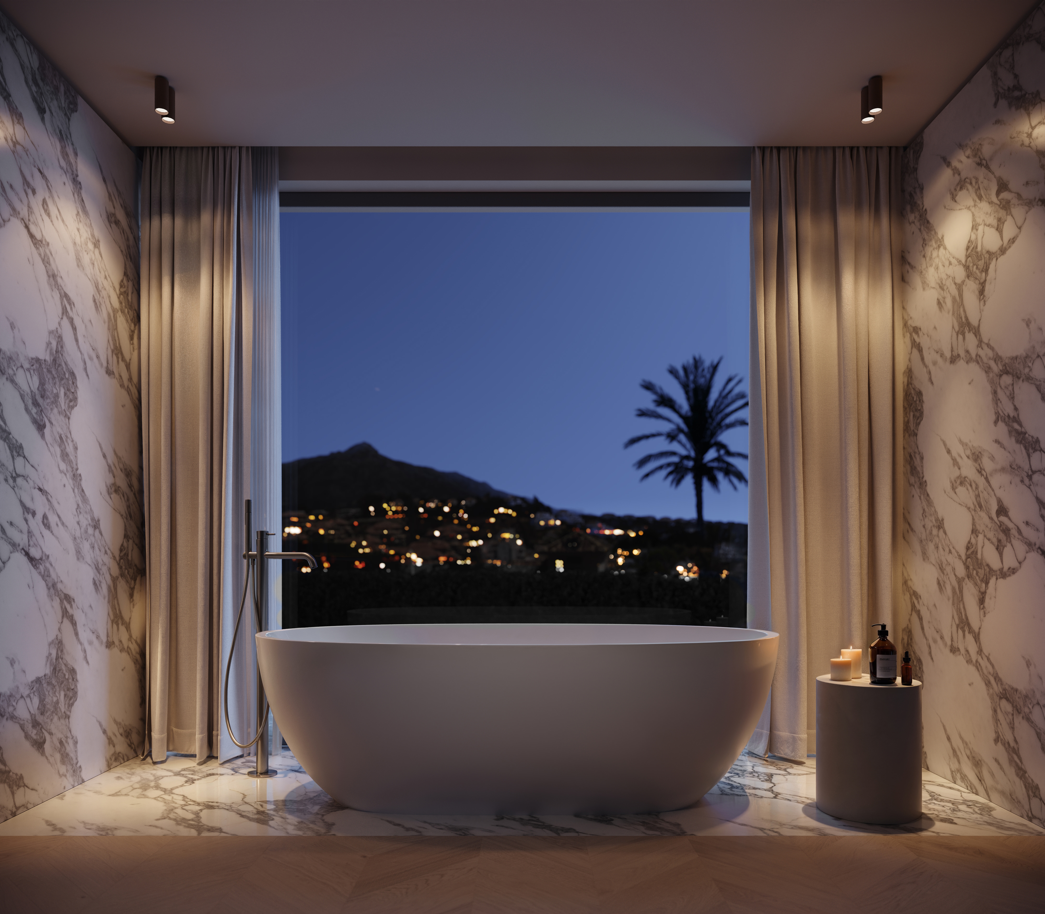Villa Voir bathtub with evening view